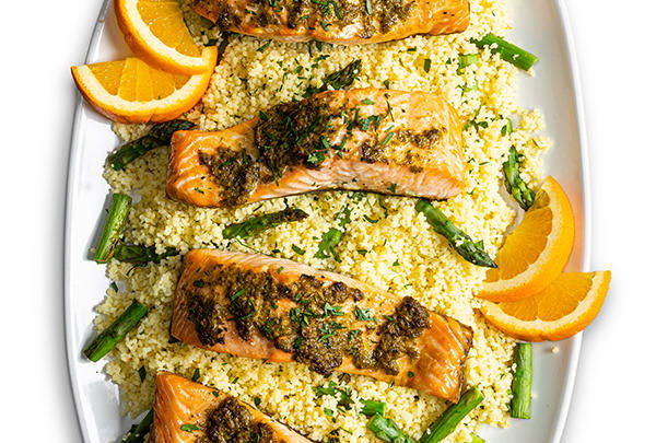 Pesto Salmon with Asparagus Couscous